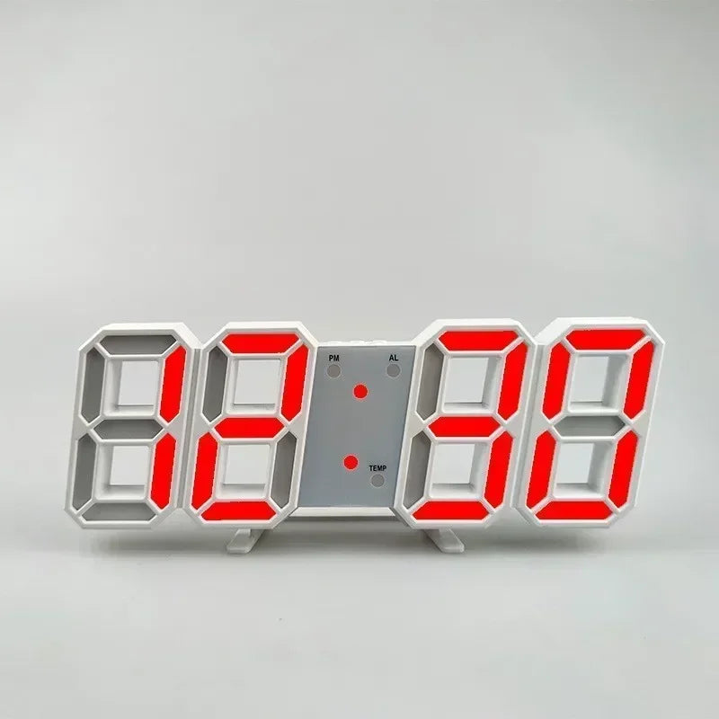 A white digital alarm clock displaying 88:88 with a red LED display and a gray temperature indicator.