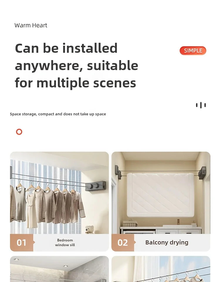 Installation guide showing the adjustable stainless steel drying rope used for bedroom window sill and balcony drying.