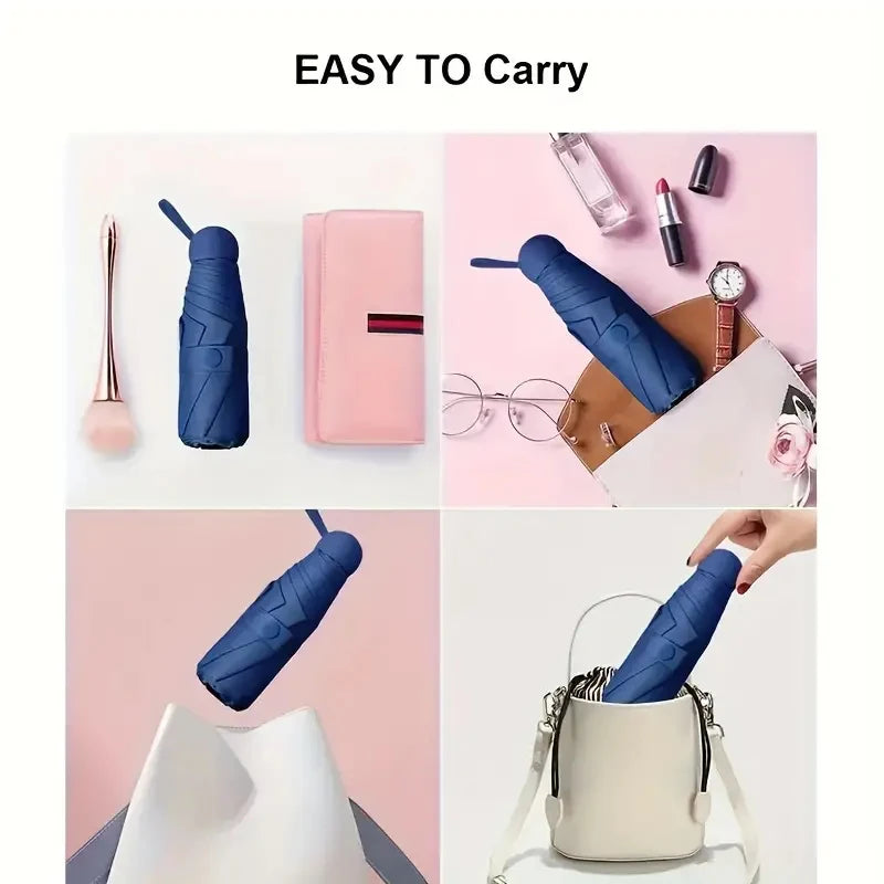 A pink mini travel umbrella is shown next to various cosmetic and personal care items.