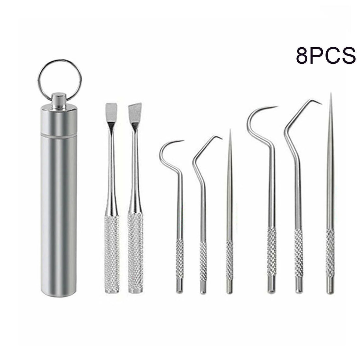An 8 piece stainless steel reusable toothpick set with a cap and various pick shapes