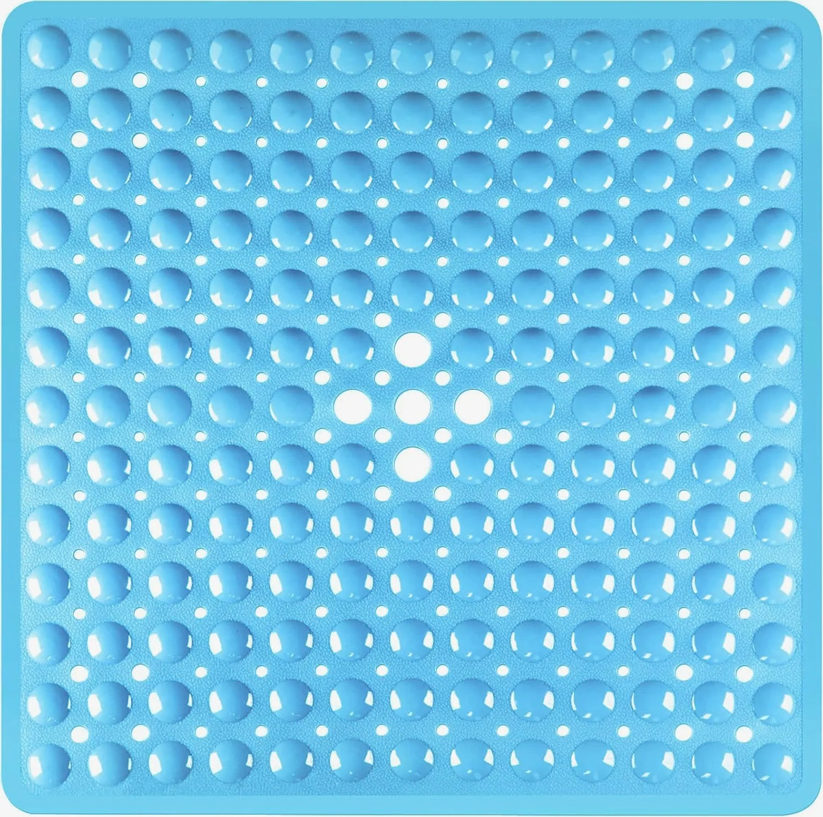 A blue non-slip shower mat with numerous suction cups for a wet surface.
