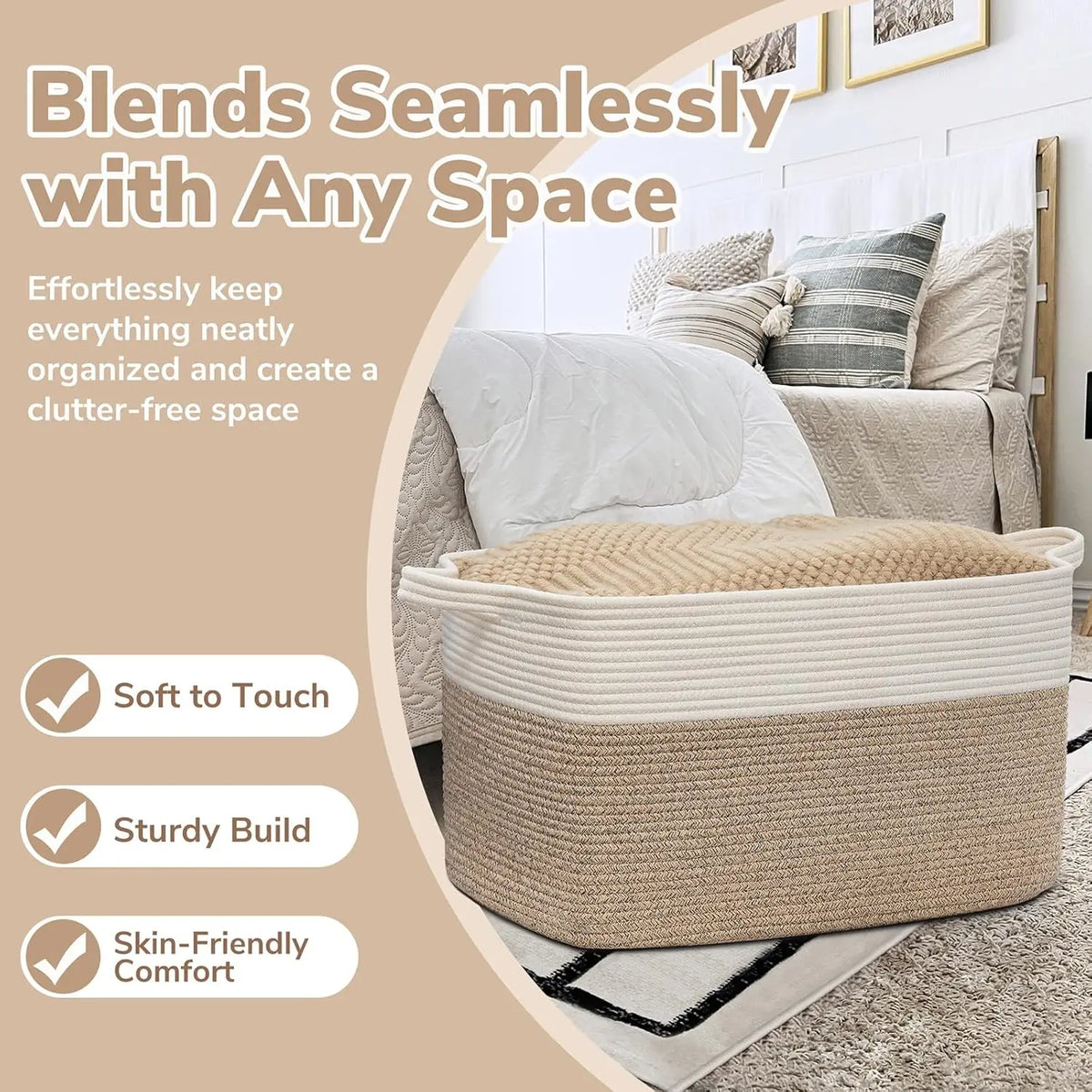 A woven cotton storage basket in beige and cream sits on a rug next to a bed.