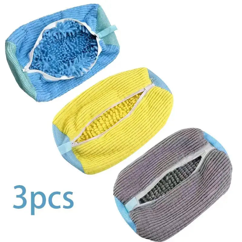 Three reusable shoe washing bags in blue, yellow, and gray with invisible zippers.