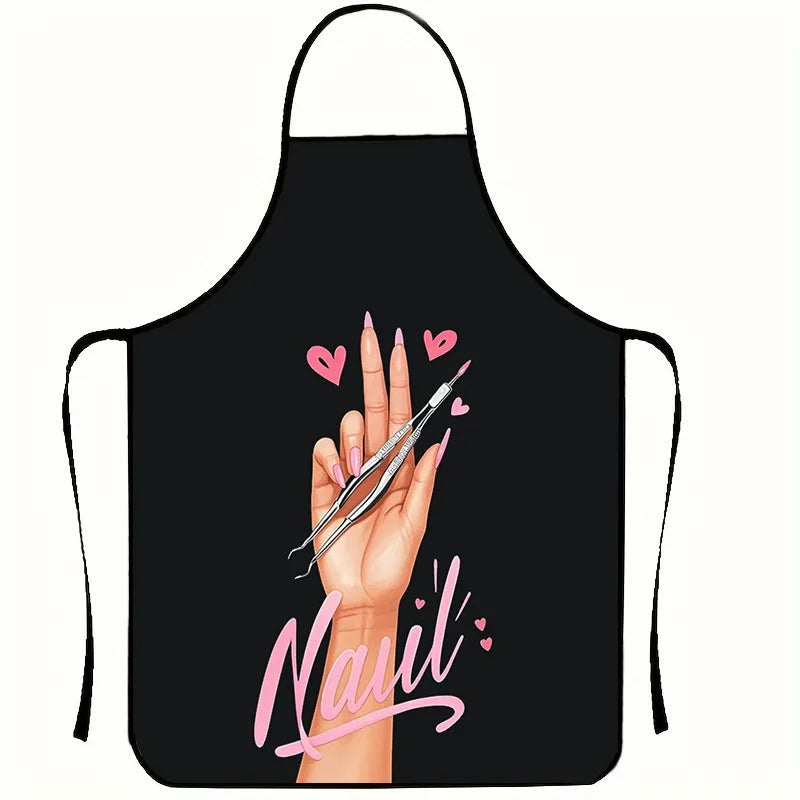 Black apron with a pink silhouette of a hand showing long nails and the name Nail