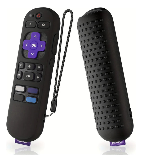 A black silicone protective sleeve for a TV remote control, shown with the remote and the sleeve separately.