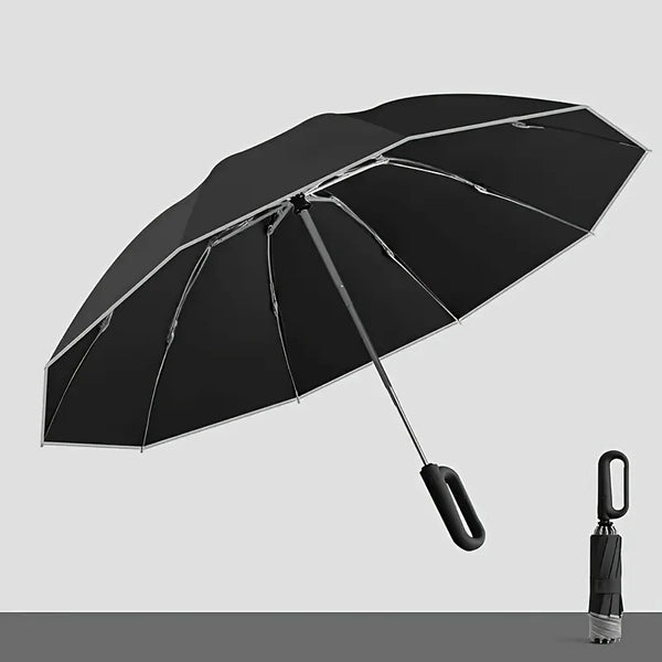 A black fully automatic folding umbrella is shown open against a light gray background.