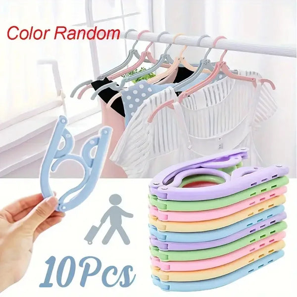 A set of 10 portable foldable clothes hangers in various pastel colors, shown alongside a blue hanger.
