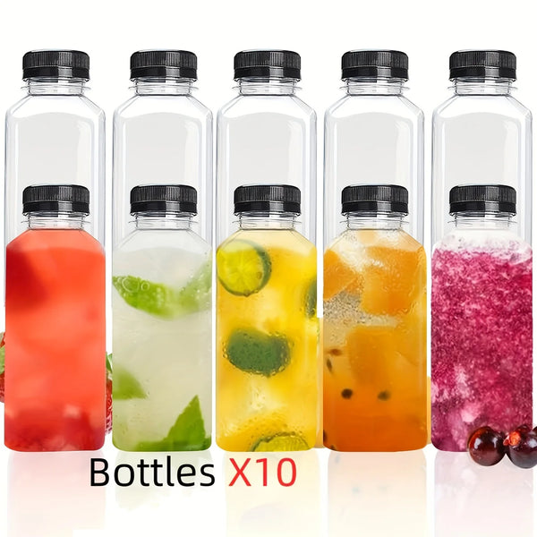 A set of ten clear glass juice bottles filled with various colored juices and liquids.