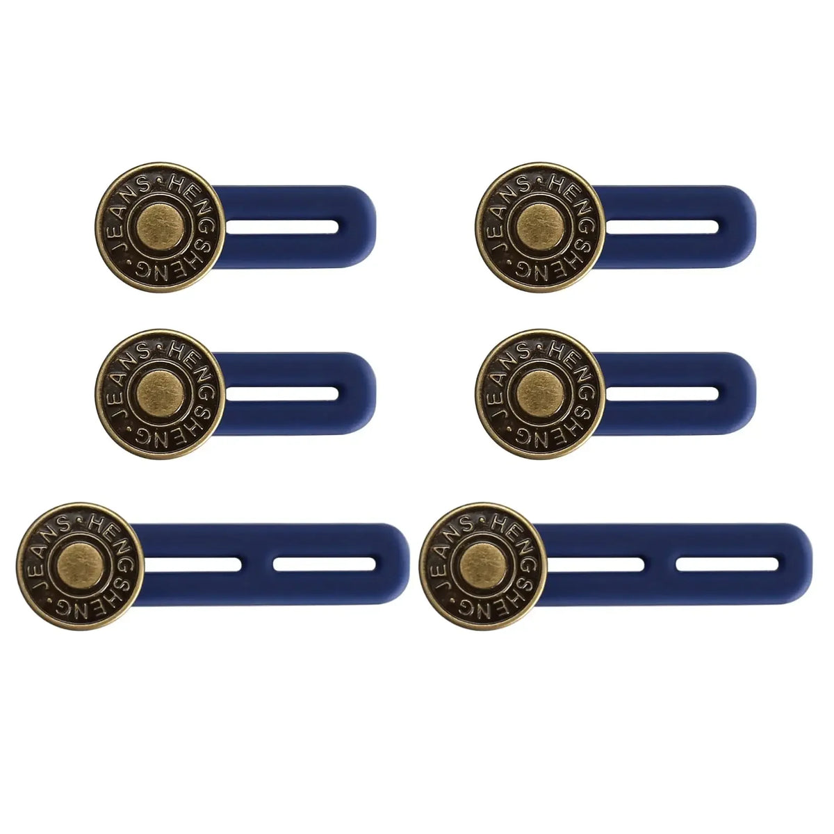 Four pairs of adjustable button extenders in gold and navy blue for clothing