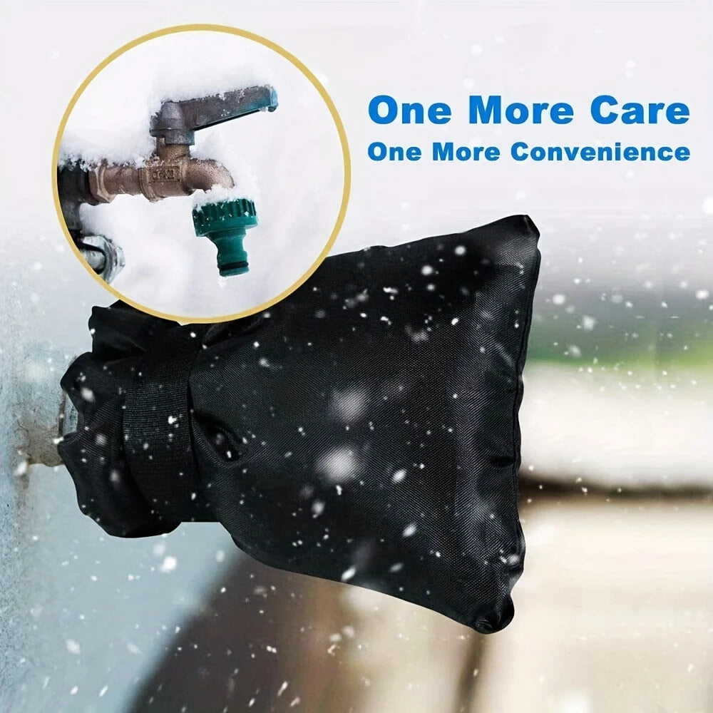 A black reusable insulated faucet cover is shown against a snowy outdoor background.