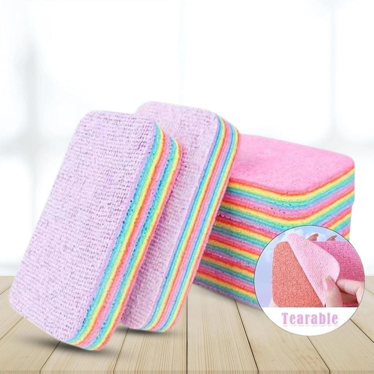 Pink and rainbow striped reusable PVA sponge cleaning cloths laid on a wooden surface.