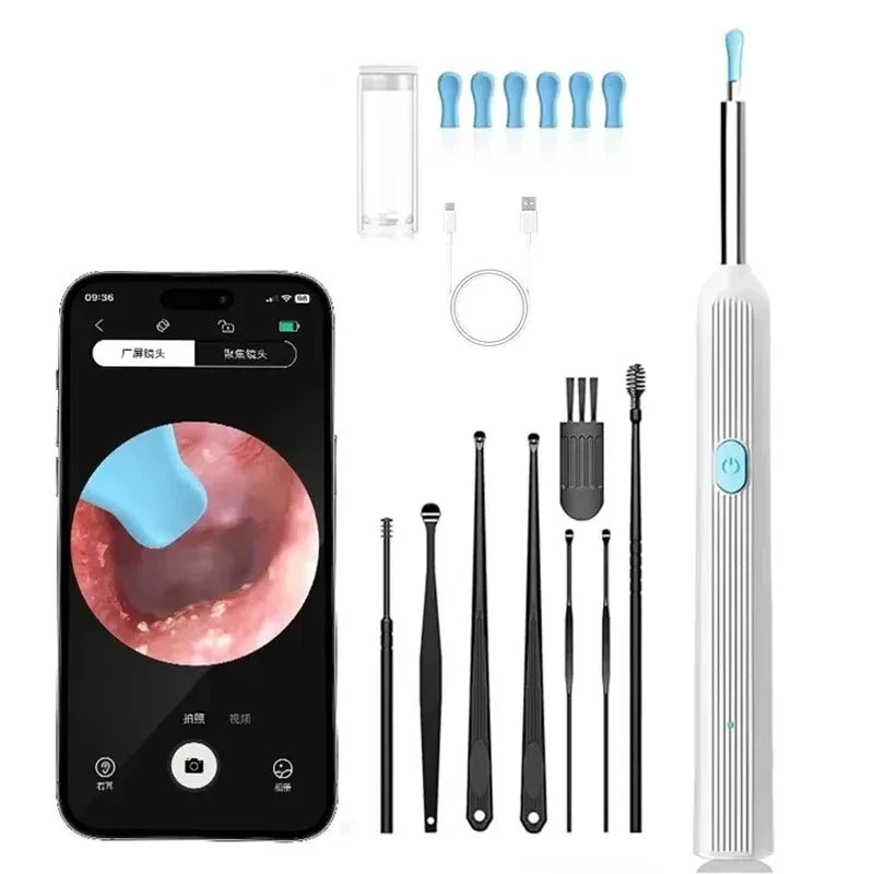 A set of visual ear cleaning tools including a silicone cleaning tip, probes, and a handheld device with an LED camera.