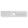 White silicone sink splash guard mat with vertical ridges and a circular drain hole.