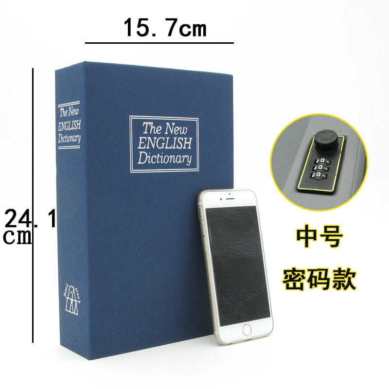 A dark blue box containing a New English Dictionary and a smartphone with a combination lock.