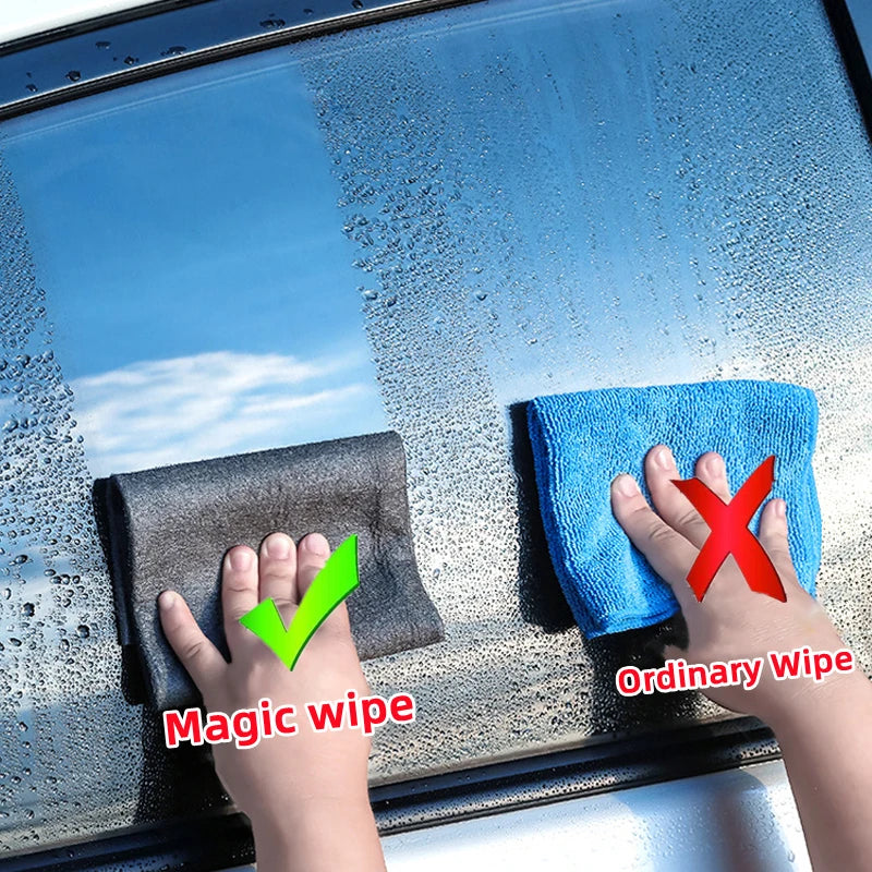 Hands demonstrate a magic wipe cleaning glass, contrasting it with an ordinary wipe.