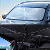 Exterior and in-car effects of a car sunshade umbrella protecting the windshield.