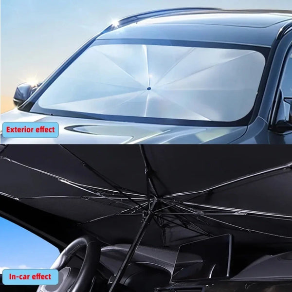 Exterior and in-car effects of a car sunshade umbrella protecting the windshield.