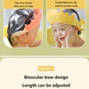 Yellow silicone bath shield cap for baby's ears and eyes with adjustable length and buckle