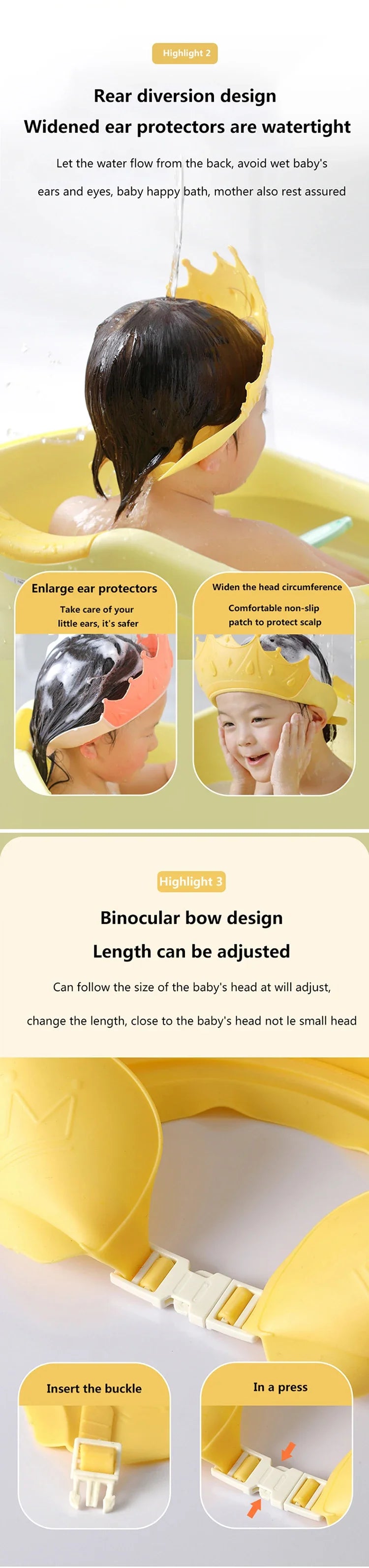 Yellow silicone bath shield cap for baby's ears and eyes with adjustable length and buckle