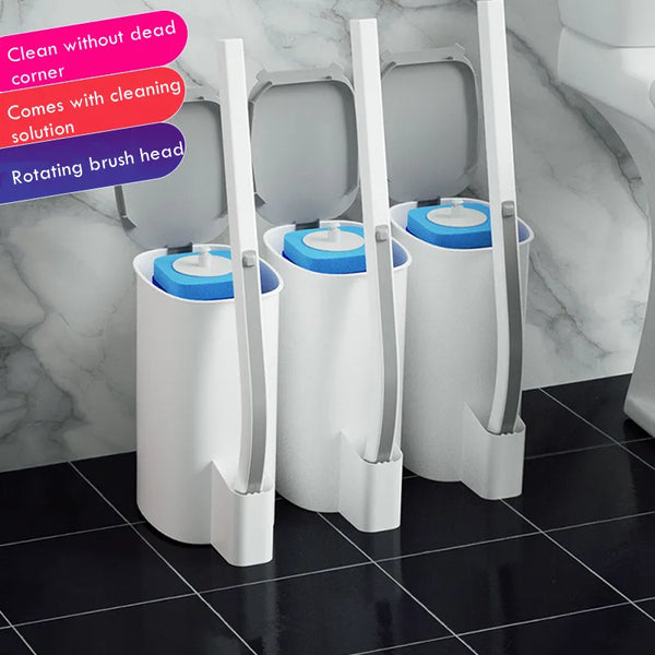 Three white toilet brush holders with blue rotating brush heads are displayed on a dark tiled floor.