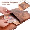 A brown leather photo album with an expandable inner pocket on the back, showing pages of photos and paper inside.