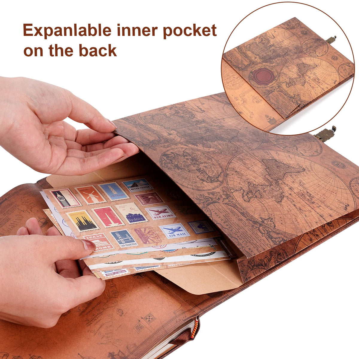 A brown leather photo album with an expandable inner pocket on the back, showing pages of photos and paper inside.