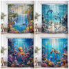 A tropical sea life shower curtain featuring colorful fish, marine animals, and vibrant coral in an underwater scene.