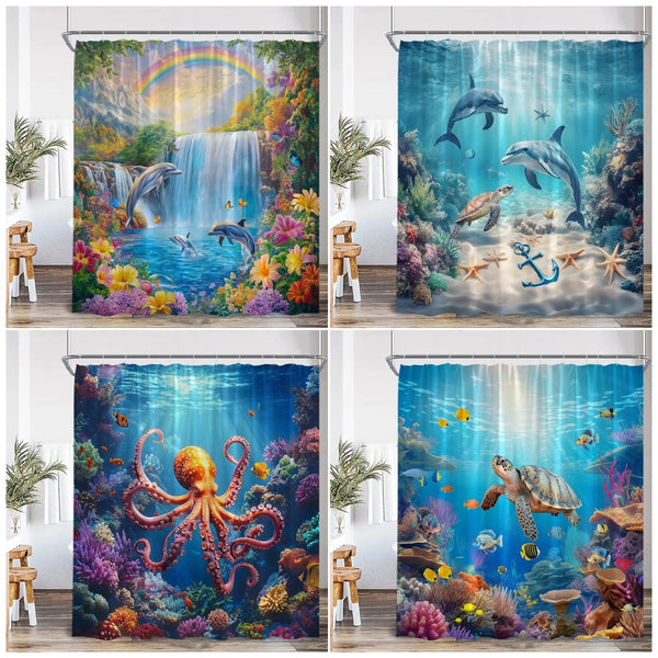 A tropical sea life shower curtain featuring colorful fish, marine animals, and vibrant coral in an underwater scene.