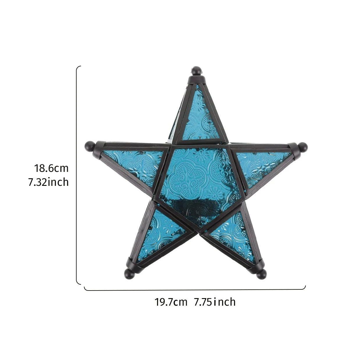 A dark blue forged iron star hanging candlestick with a geometric design.