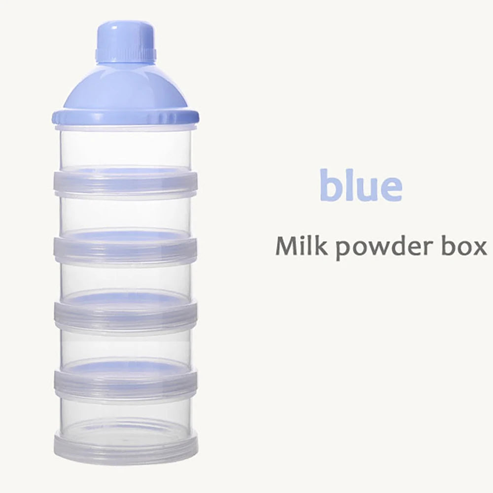 A clear blue plastic milk powder storage container with a screw cap.