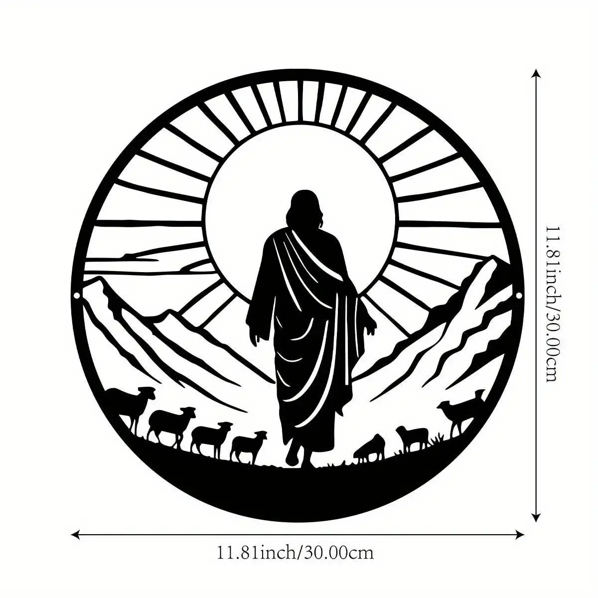 Black silhouette of a meditating figure centered within a sunburst design over a landscape with grazing animals.