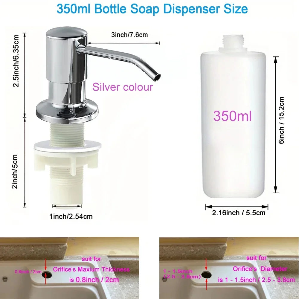 Stainless steel liquid soap dispenser bottle with a pump mechanism and measuring markings.