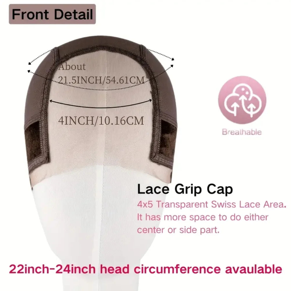 Front detail of a wig grip cap showing measurements and breathable lace area