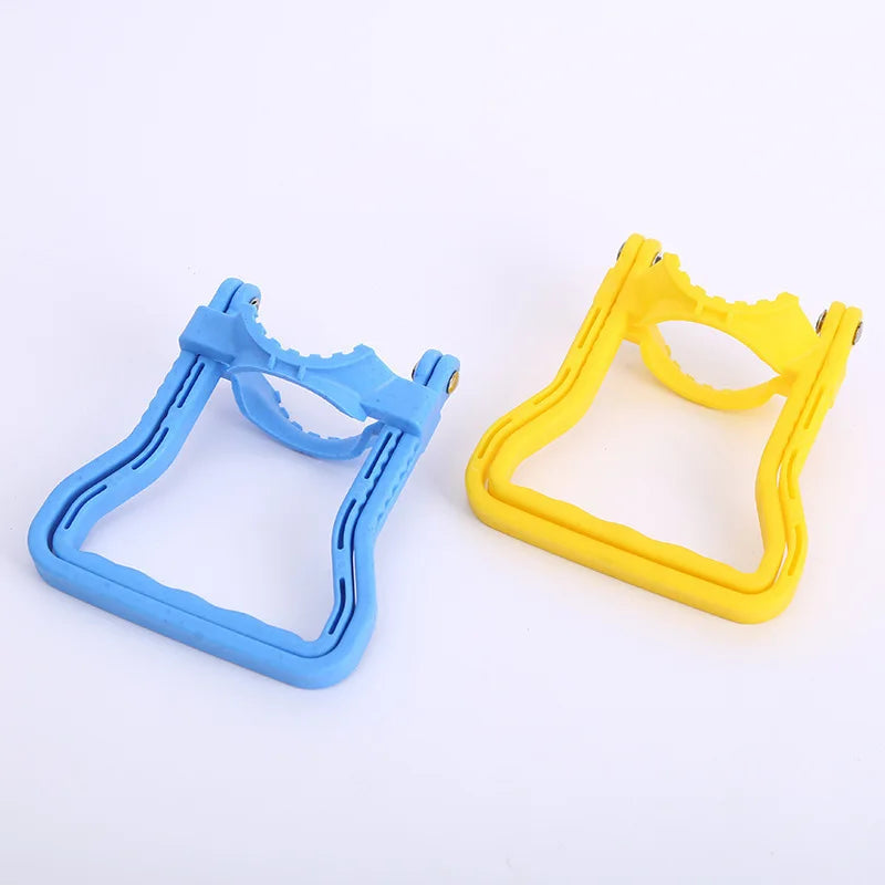 A pair of portable water bottle carriers, one blue and one yellow, shown side by side.