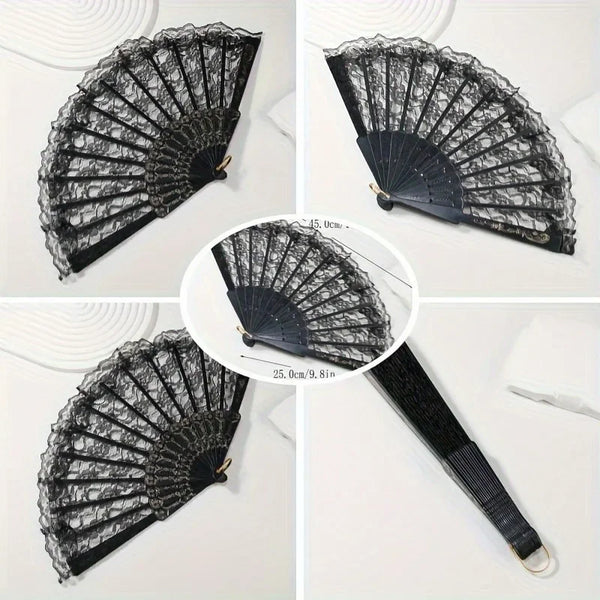 A black lace hand fan shown in various angles, including a full view and a close-up of its size.