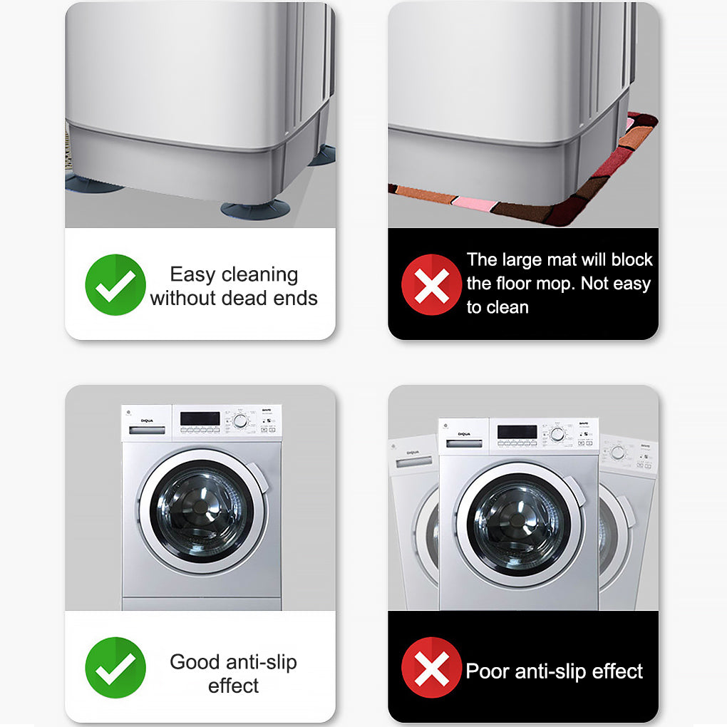 Comparison showing easy cleaning and anti-slip effect of anti-vibration rubber pads for washing machines and dryers