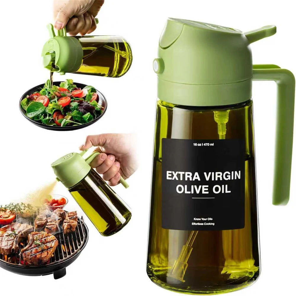A green glass olive oil dispenser and sprayer is shown being used to pour olive oil.