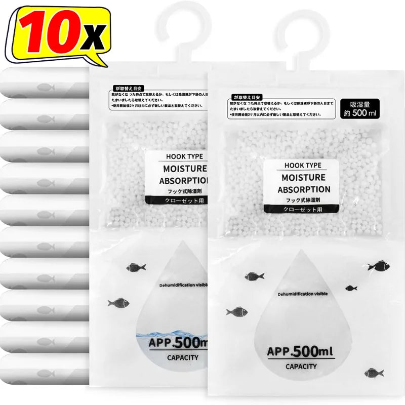 Pack of 10 hanging dehumidifier bags for closet and wardrobe storage