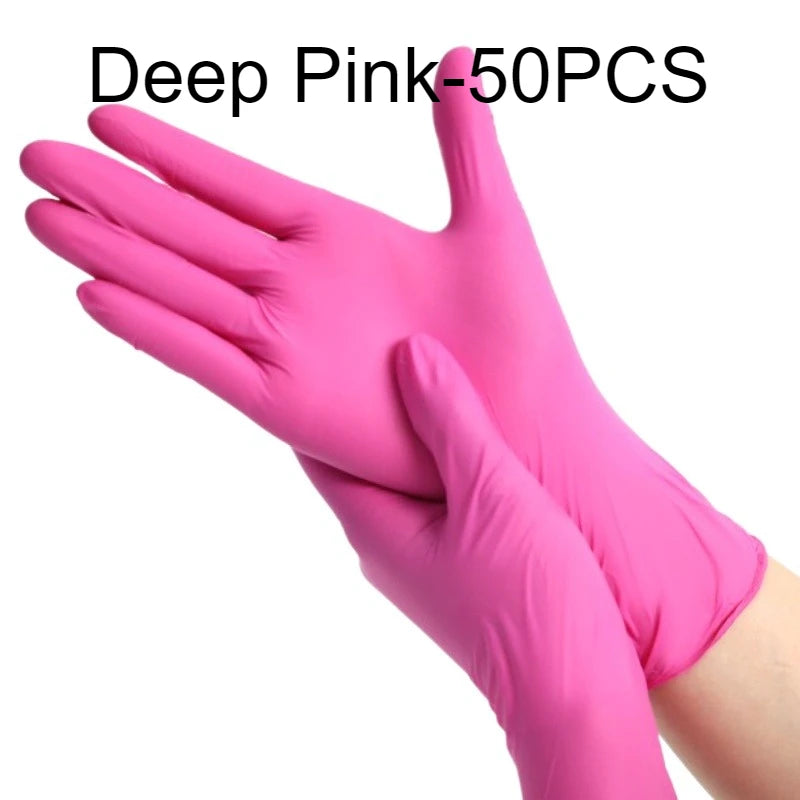 A hand wearing a pair of deep pink disposable nitrile gloves is shown against a white background.