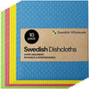 A stack of ten colorful Swedish dishcloths in various shades of pink, yellow, and blue.