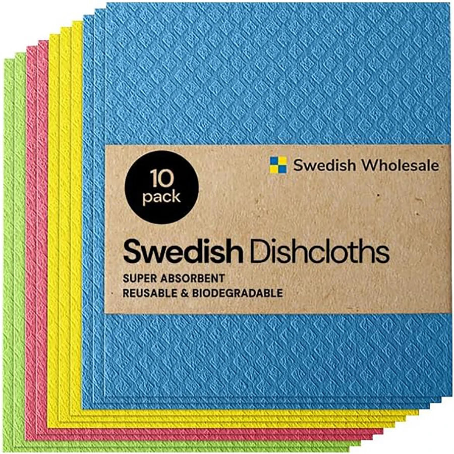 A stack of ten colorful Swedish dishcloths in various shades of pink, yellow, and blue.
