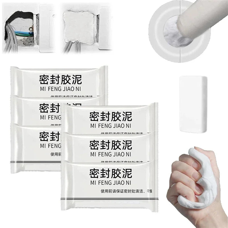 Rolls of clay sealant for pipe and wall holes shown with application and usage instructions