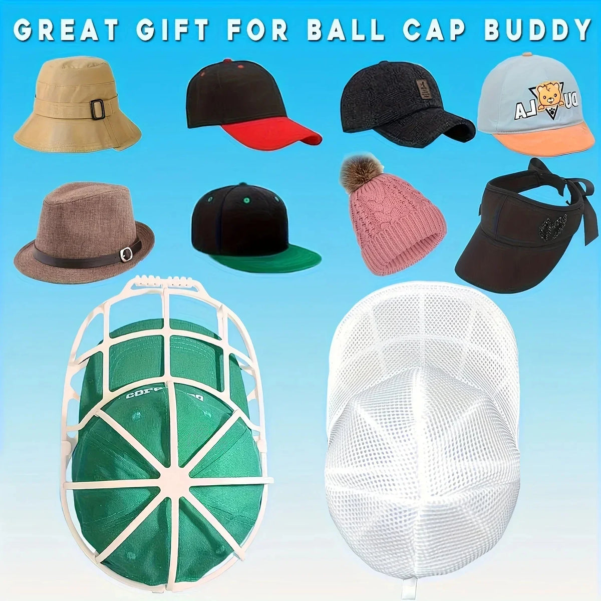 Eine Sammlung von Baseballkappen und ein Hutreinigungskäfig für Waschmaschinen.