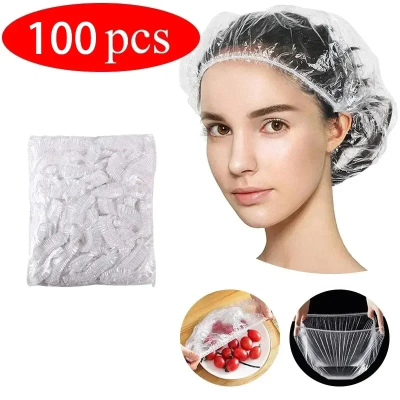 A woman is shown wearing a clear reusable disposable shower cap for hair protection, with a separate pack of the same product