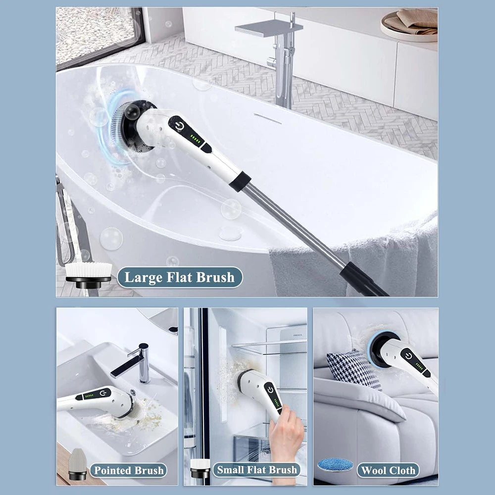 Replacement brush heads for rotary scrubbers including a large flat brush, pointed brush, small flat brush, and wool cloth.