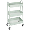 A light green metal rolling storage cart with three tiers and wire mesh baskets.