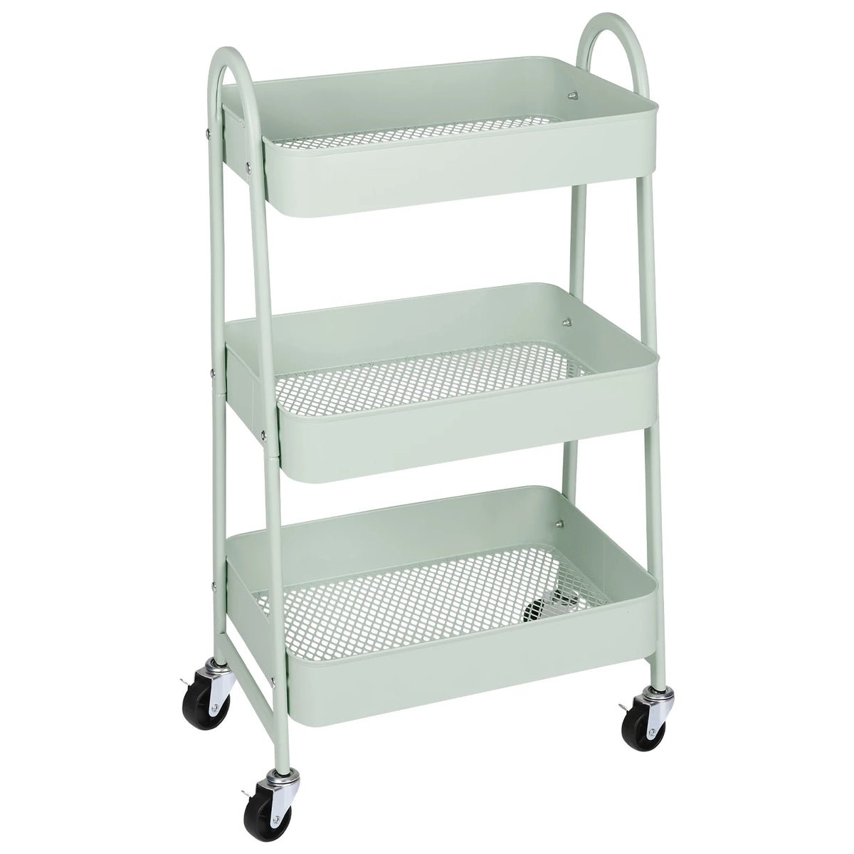 A light green metal rolling storage cart with three tiers and wire mesh baskets.