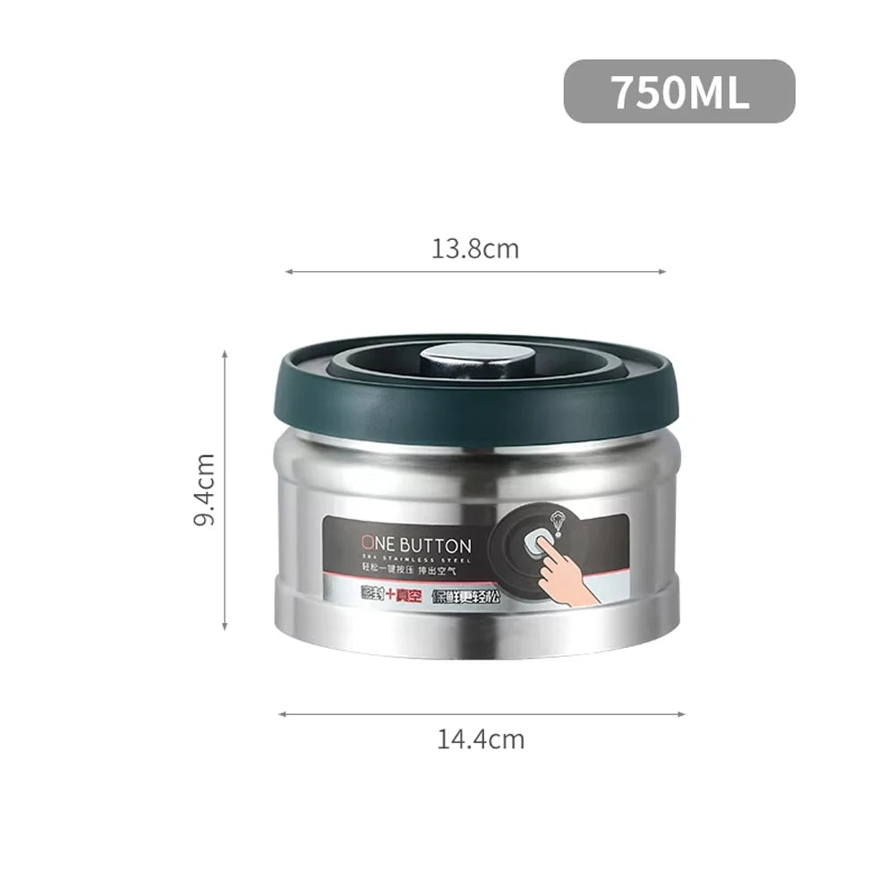 Stainless steel vacuum sealed storage canister with a black lid and silver body.