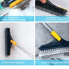A 2-in-1 floor scrub brush with a black and yellow handle is shown cleaning crevices, grooves, and grout on a tile surface.