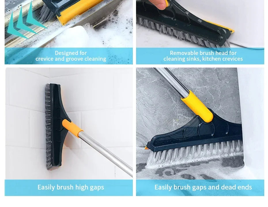 A 2-in-1 floor scrub brush with a black and yellow handle is shown cleaning crevices, grooves, and grout on a tile surface.